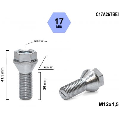 Kolový šroub M12x1,5x26 kužel s krátkou hlavou, klíč 17, C17A26TBEI, výška 41,5 mm