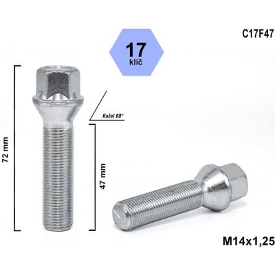 Kolový šroub M14x1,25x47, kuželový, klíč 17, C17F47, výška 72 mm | Zboží Auto