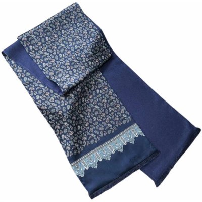 Hřejivá pánská hedvábná šála tmavě modrá s kašmírovým vzorem – Sleviste.cz