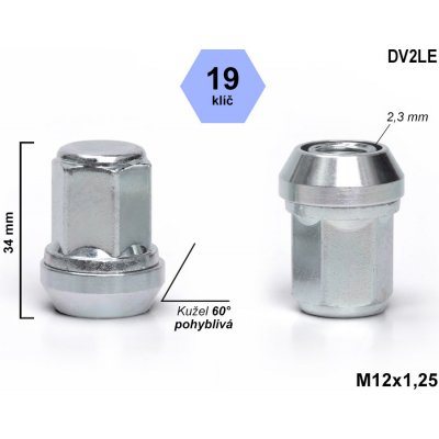 Kolová matice M12x1,25 kužel plovoucí, zavřená, klíč 19, DV2LE, výška 34 mm