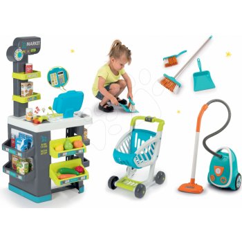 Smoby Set obchod s potravinami Market tyrkysový a vysávač so zvukom Vacuum Cleaner s metlou a lopatkou SM350212-7