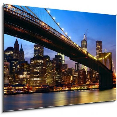 Skleněný obraz 1D - 100 x 70 cm - Manhattan panorama with Brooklyn Bridge at sunset in New York Manhattan panorama s Brooklynským mostem při západu slunce v New Yorku – Zboží Mobilmania