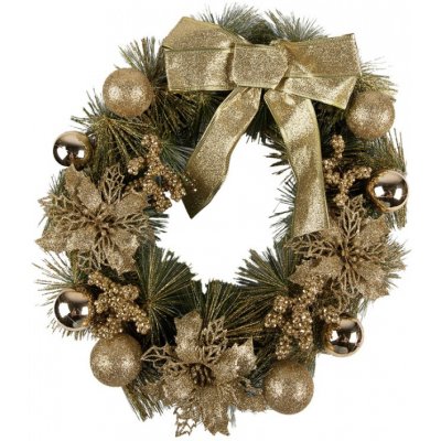 Clayre & Eef Zeleno-zlatý vánoční věnec s mašlí a koulemi Christmas Wreath - Ø 40*10 cm – Sleviste.cz