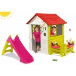 Smoby Set domeček Nature červený 3 okna 2 žaluzie a okenice se zvonkem zahrádkou a skluzavka Toboggan XS od 24 m – Zboží Dáma