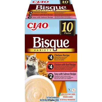 INABA Ciao Bisque s příchutí kuřete, kuřete a hovězího masa, tuňáka a lososa, 10 x 40 g – Hledejceny.cz