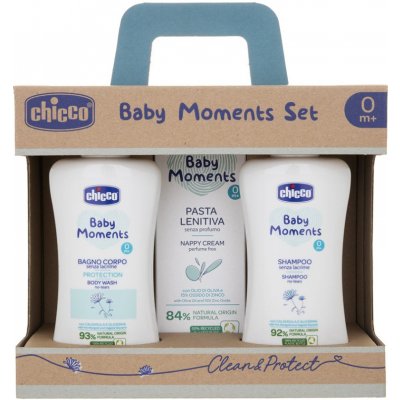 CHICCO Set dárkový kosmetický Baby Moments 0m+: 1x Šampon na tělo Protection 200 ml + 1x Krém na dětský zadeček zklidňující bez parfému 100 ml + 1x Šampon na vlasy 200 ml – Zboží Mobilmania