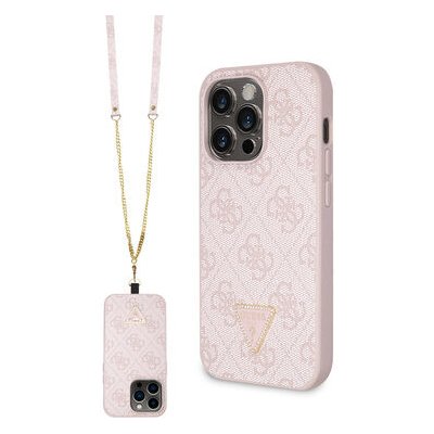 GUESS PU 4G Strass Triangle Metal Logo + Crossbody Popruh Apple iPhone 15 Pro Max růžové – Zbozi.Blesk.cz