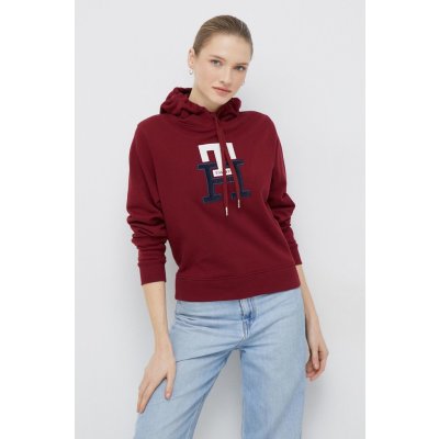 Tommy Hilfiger bavlněná mikina dámská vínová s kapucí s aplikací – Zbozi.Blesk.cz