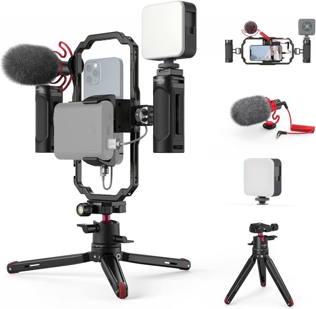 Pouzdro Profesionální Instagram Video Kit od Smallrig - set klec, madla, mikrofon, světlo a stativ pro mobil - na véšku i na šířku