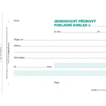 Optys 1302 Jednoduchý příjmový pokladní doklad A6 samopropisující 100 listů