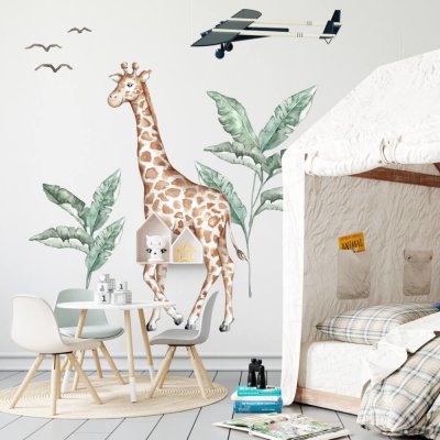 INSPIO 9239f Dětské samolepky na zeď - Žirafa ze světa safari, velikost 90 x 170 cm