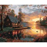 ZUTY MOLO A CHATA U JEZERA A ZÁPAD SLUNCE Rozměr 40 x 50 cm Rámování vypnuté plátno na rám – Zboží Dáma