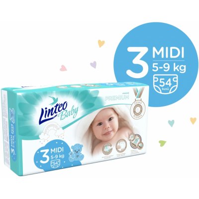 LINTEO BABY Prémiové 3 MIDI č.3 5-9 kg 54 ks od 220 Kč - Heureka.cz