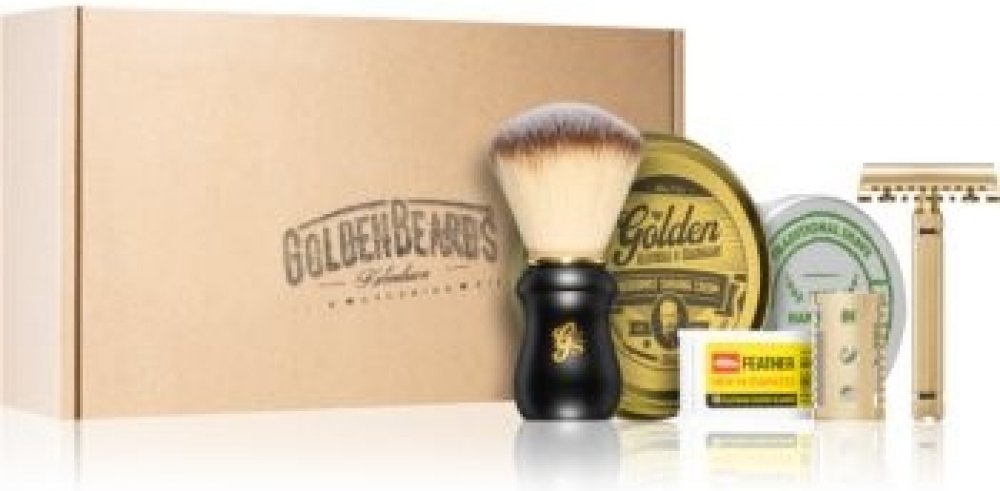 Golden Beards Shaving Kit tuhé mýdlo na holení 60 g + krém na holení 100 ml  + štětka na holení + holicí strojek + náhradní hlavice + náhradní žiletky 2  x 10 ks dárková sada | Srovnanicen.cz