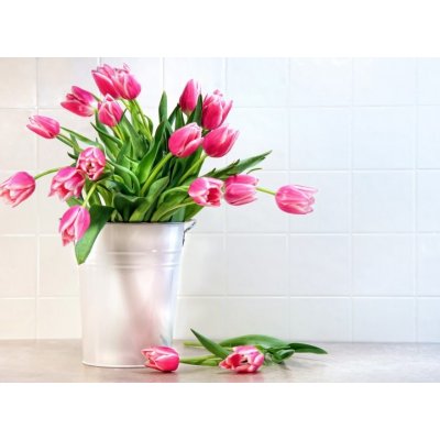 WEBLUX 11553582 Fototapeta vliesová Pink tulips in white metal container Růžové tulipány v bílém kovovém kontejneru rozměry 270 x 200 cm – Zboží Mobilmania