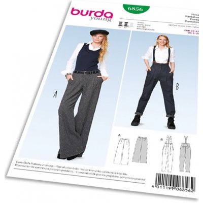 Střih Burda 6856 - Široké kalhoty Marlene, kalhoty s vysokým pasem, kalhoty s kšandami