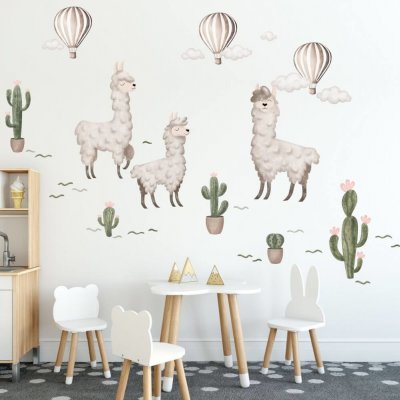 INSPIO Samolepka Samolepky na zeď - Lamy s balony zvířata, akvarelové samolepky krémová, plnobarevný motiv rozměry 110x90