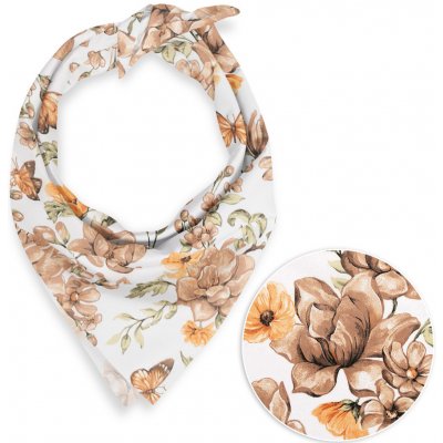 Biante bavlněný šátek Sandra SA-458 hnědé květy magnolie s motýlky na bílém – Zboží Dáma