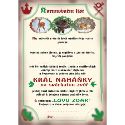 e‑myslivost.cz Král naháňky na spárkatou zvěř - pasovací list - Motiv s personalizací – Hledejceny.cz