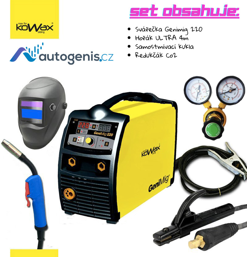 KOWAX GeniMig 220, MIG/MAG/MMA, hořák 4m, kabely 3m, ventil CO2, kukla