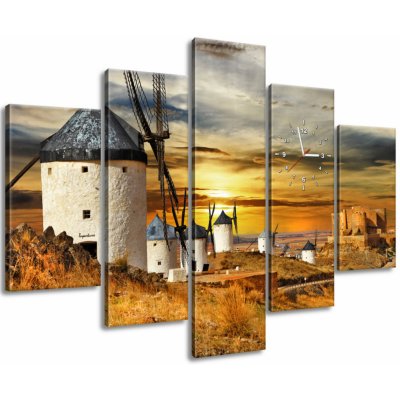 Gario Obraz s hodinami Větrné mlýny ve Španělsku - 5 dílný Rozměry: 150 x 105 cm – Zboží Mobilmania