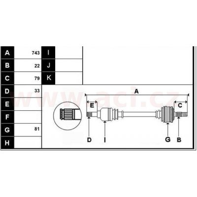 Přední poloosa AVORD délka 743mm, 22 drážek u kola, 33 drážek u převodovky AUT, pro vozidla s ABS, vč. ABS kroužku, P, repasovaný ACI 5702P12 – Sleviste.cz