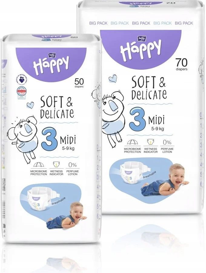 Bella Baby Happy Soft&Delicate 3 Midi 5–9 kg 70 ks