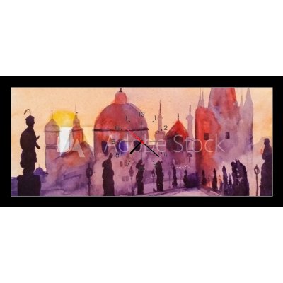 Obraz s hodinami 1D panorama - 120 x 50 cm - Prague Charles Bridge at sunset, watercolor painting, the last rays of the setting sun, statues and lilac, red and purple to – Zboží Mobilmania