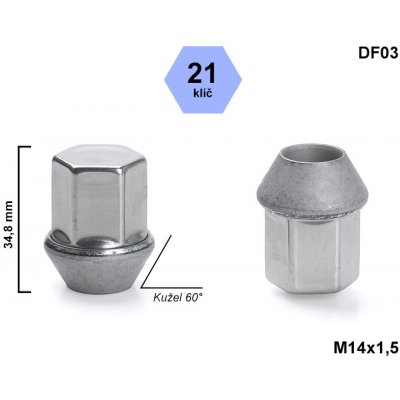 Kolová matice M14x1,5 Ford, kužel, klíč 21, DF03, uzavřená, nerez. krytka, výška 34,8 mm – Zboží Mobilmania