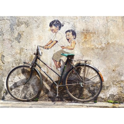 WEBLUX 62780970 Fototapeta vliesová Little Children on a Bicycle Mural. Malé děti na nástěnné malbě na kole. rozměry 270 x 200 cm – Zbozi.Blesk.cz