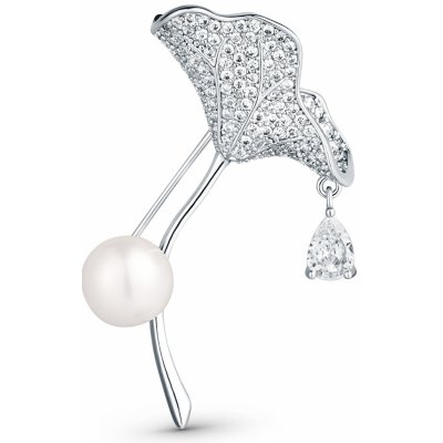 JwL Luxury Pearls Třpytivá brož s krystaly a pravou perlou Ginkgo JL0838 – Sleviste.cz