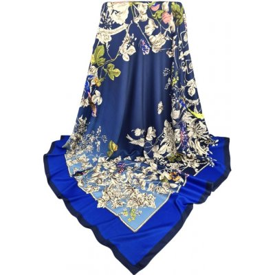Classic Scarf dámský elegantní modrý šátek s květinami motýlky a ptáčky
