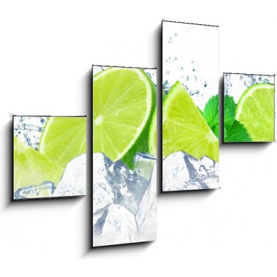 Obraz 4D čtyřdílný - 120 x 90 cm - lime water splash and ice cubes isolated on the white stříkající voda z vápna a kostky ledu izolované na bílém – Zboží Mobilmania