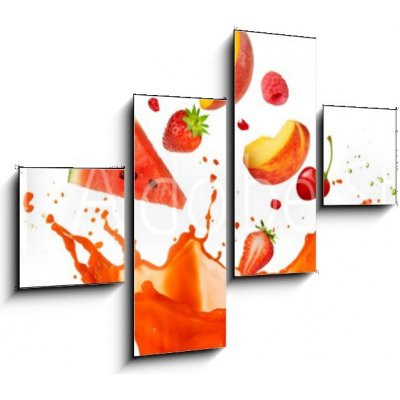 Obraz 4D čtyřdílný - 120 x 90 cm - mixed fruit falling into juices splashing on white background smíšené ovoce spadající do šťávy stříkající na bílém pozadí – Zboží Mobilmania