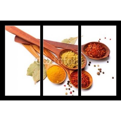 Obraz 3D třídílný - 105 x 70 cm - Spices and herbs. Curry, saffron, turmeric, cinnamon over white Koření a byliny. Kari, šafrán, kurkuma, skořice přes bílou