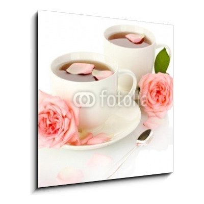 Skleněný obraz 1D - 50 x 50 cm - cups of tea with roses isolated on white šálky čaje s růží izolovaných na bílém – Zbozi.Blesk.cz