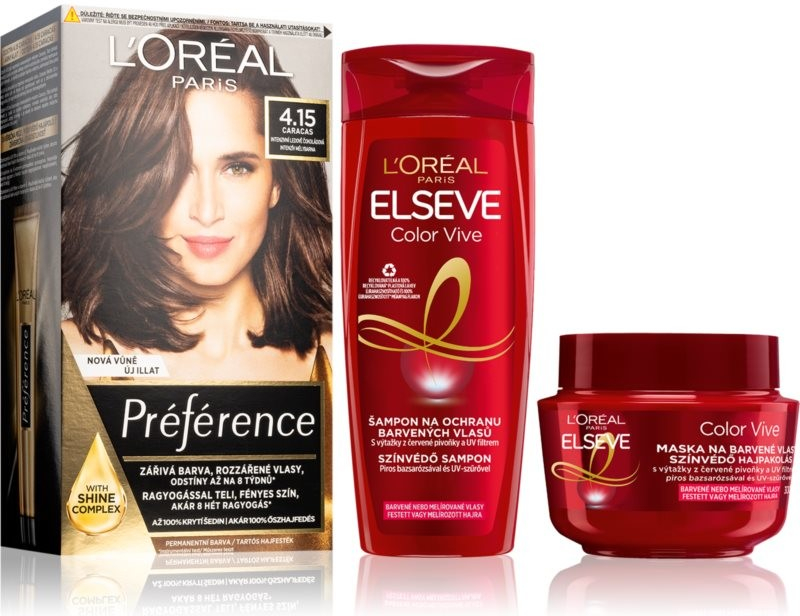 L\'Oréal Paris Elseve L\'Oréal Paris Préférence 4.15 Caracas permanentní barva na vlasy 1 ks + Elseve Color Vive šampon pro barvené vlasy 250 ml + Elseve Color Vive maska na vlasy 300