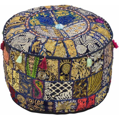 Sanu Babu Taburet z Rajasthanu s bohatou Ari výšivkou, průměr 55cm výška 39cm patchwork (DA) – Sleviste.cz