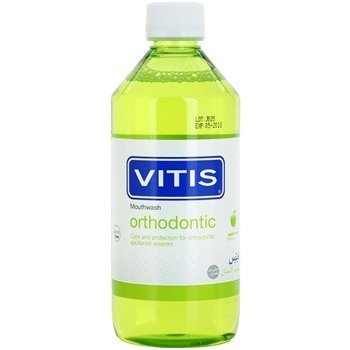 Vitis Orthodontic ústní voda pro uživatele fixních rovnátek příchuť Apple Mint Alcohol Free CPE Sodium Fluoride Allantoin Aloe Vera 500 ml