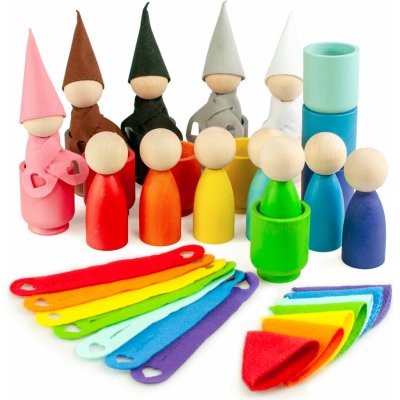 Montessori Ulanik dřevěná hračka "Peg Dolls with Scarfs and Cups"
