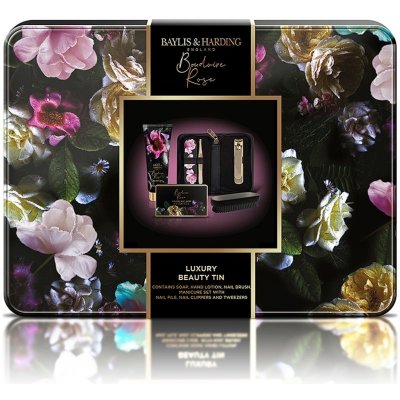 Baylis & Harding Boudoir Rose jemné mýdlo 100 g + krém na ruce a nehty 100 ml + manikúrní set + kartáček na ruce a nehty + plechový box dárková sada – Zbozi.Blesk.cz