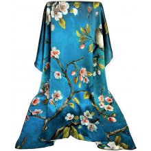 luxusní velký hedvábný šátek květovaný s ptáčkem sýkorka modrý tyrkysový