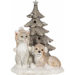 Vánoční dekorativní soška pejska a kočičky u stromečku 11*9*15 cm LED osvětlení