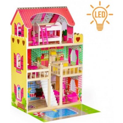 ECO TOYS Dřevěný domeček pro panenky s nábytkem bazénem a osvětlením – Zboží Dáma