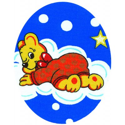 Nažehlovací záplaty oválky s potiskem - medvídek v červeném pyžamku na modrém podkladu – Zboží Mobilmania