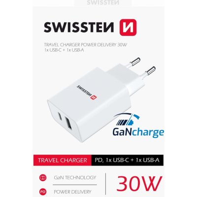 Swissten síťový adaptér power delivery 30w 1x usb-c + 1x usb bílý