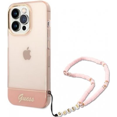 Pouzdro Guess Phone 14 PRO Translucent Pearl Strap růžové