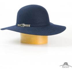 Vlněný klobouk se širokou krempou zdobený sponou tm.modrá melír