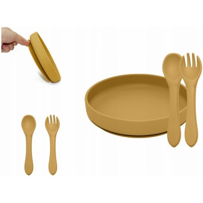 Petite & Mars Set jídelní silikonový Take Match talíř příbor 6m+ Intense Ochre 2 ks