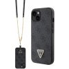 Pouzdro a kryt na mobilní telefon Apple Pouzdro Guess PU 4G Strass Triangle Metal Logo + Crossbody Popruh iPhone 15 černé